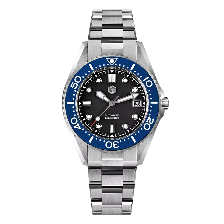 San Martin SN0036-C 600m diver with matte black dial and blue ceramic bezel on steel bracelet