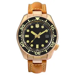 San Martin SN038-Q with black dial and date window on tan leather