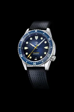 Zelos Mako V3 300m in steel, deep blue fumé dial, blue ceramic bezel, on tropic rubber strap