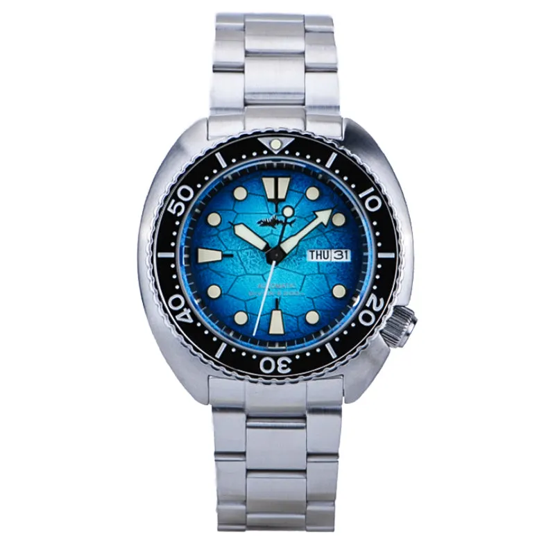 Heimdallr Sharkey Mini Turtle with blue textured day-date dial on steel bracelet