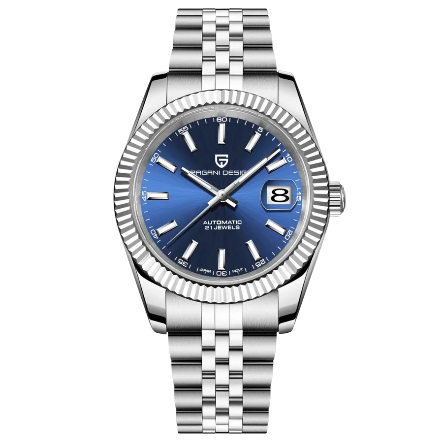 Pagani Design PD-1645 with blue sunburst dial and steel fluted bezel on Jubilee bracelet