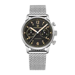 Pagani Design PD-1708 chronograph with black dial and vintage-yellow numerals on mesh bracelet
