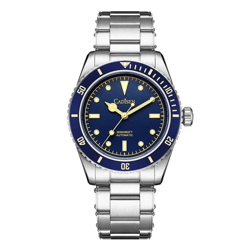 Cadisen C8206 no-date diver with blue dial, gilt markers, Mercedes hands and blue 60-minute bezel on a riveted steel bracelet