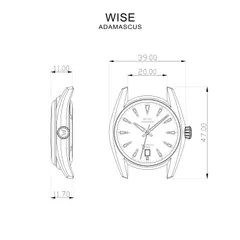 Wise Adamascus AD7 Damascus case dimension drawing (39mm, 47mm lug to lug, 20mm lugs, 11.0/11.7mm height)