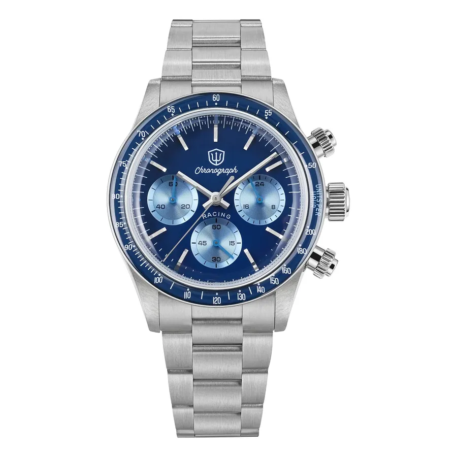 Watchdives WD6263 with blue dial and blue tachymeter bezel on the steel bracelet