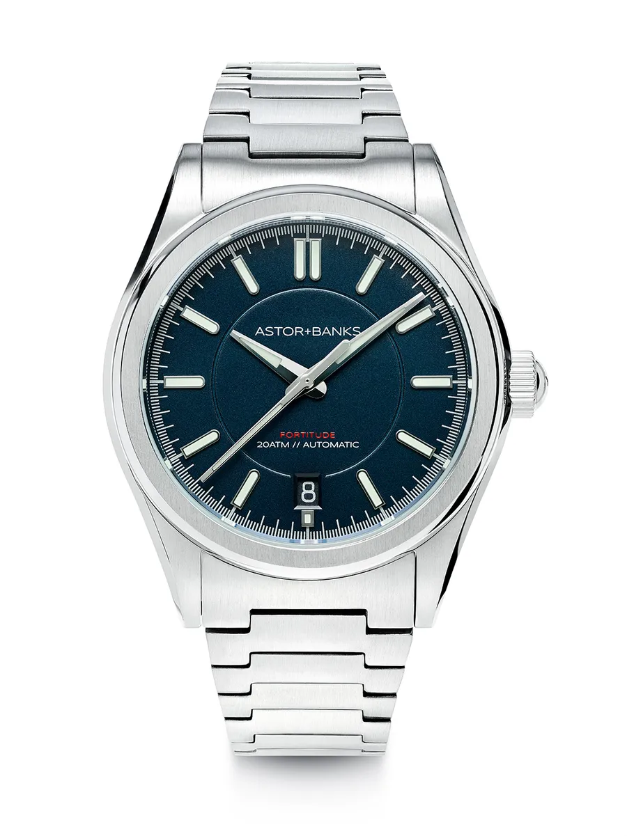 Astor+Banks Fortitude Pro, matte navy dial with date at 6, on steel bracelet