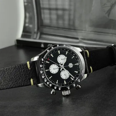 San Martin SN018 chronograph with black dial, white subdials and black ceramic tachymeter bezel on black leather strap