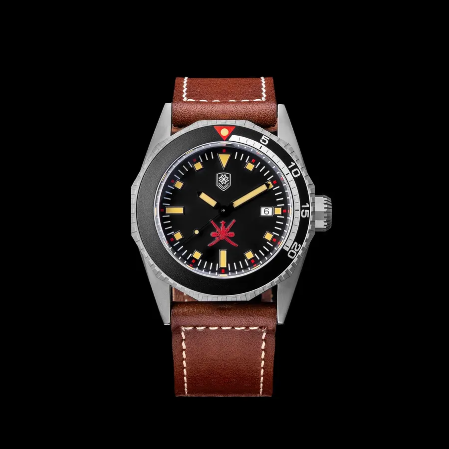 Thorn T019 titanium diver with matte black dial, red emblem at 6 and black bezel on a brown leather strap