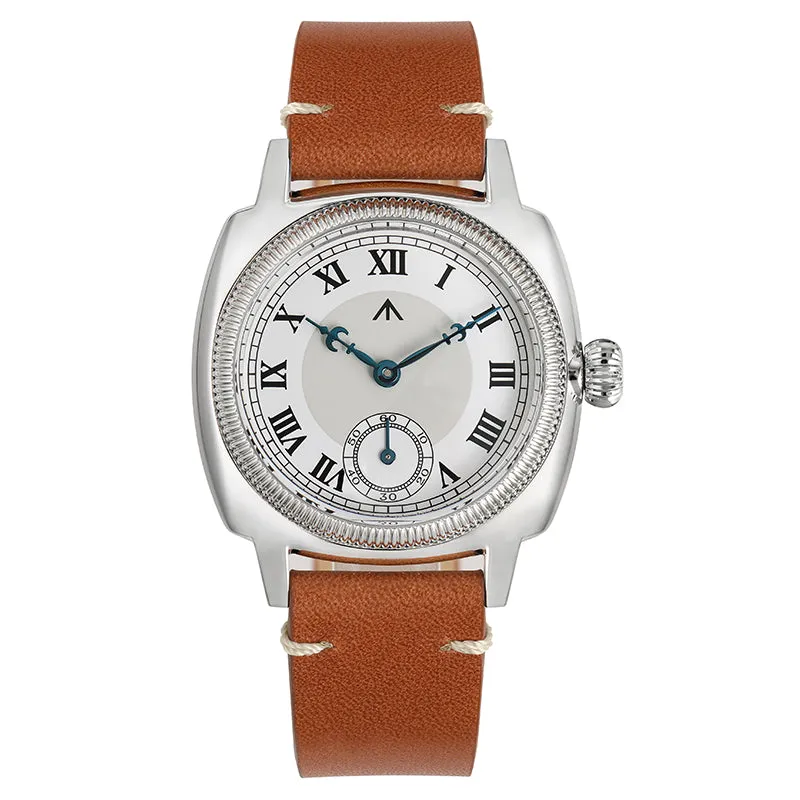 Militado ML03 with grey-and-white Roman-numeral dial and blue cathedral hands on brown leather strap