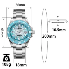 Addies AW25914 dimension graphic (36mm, 43mm lug-to-lug, 10.5mm, 18mm, 200mm, 108g)