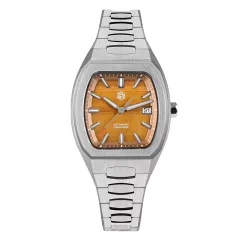 San Martin SN0145-G1 39.5mm barrel-shaped case with brown tiger eye stone dial, multi-faceted bar hands and date at 3 on bracelet