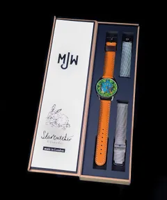 Mr Jones Starcatcher in its box with the tan leather strap fitted and the spare steel mesh strap