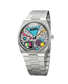 Undone Slim No Signal with 3D-printed TV static and colour-bar dial on the integrated steel bracelet