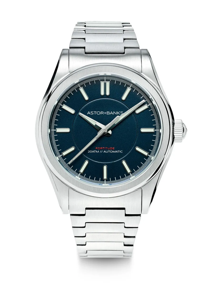 Astor+Banks Fortitude Lite, navy blue no-date dial, on steel bracelet