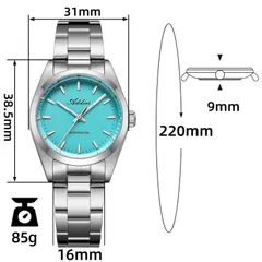 Addies AW25903 dimension graphic (31mm, 38.5mm lug-to-lug, 9mm, 16mm, 220mm, 85g)