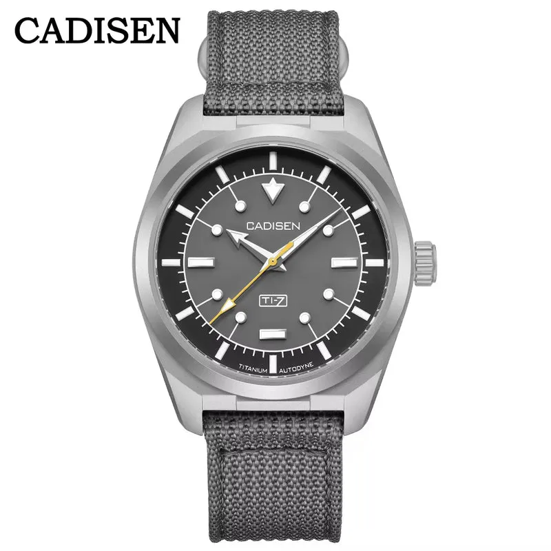 Cadisen C8246 Ti-7 Autodyne titanium automatic with grey dial, dot and baton markers and a "TI-7" plaque at 6 on a grey canvas strap