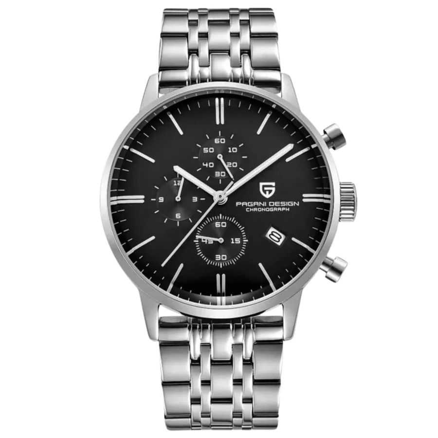 Pagani Design PD-2720K chronograph with black dial, subdials at 12, 9 and 6 and date at 4:30, on steel bracelet