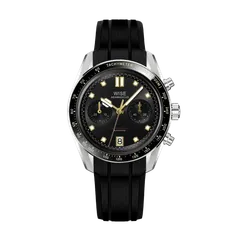 Wise Adamascus AD8CHRO11 chronograph, black dial with gold markers and hands, on black FKM rubber strap