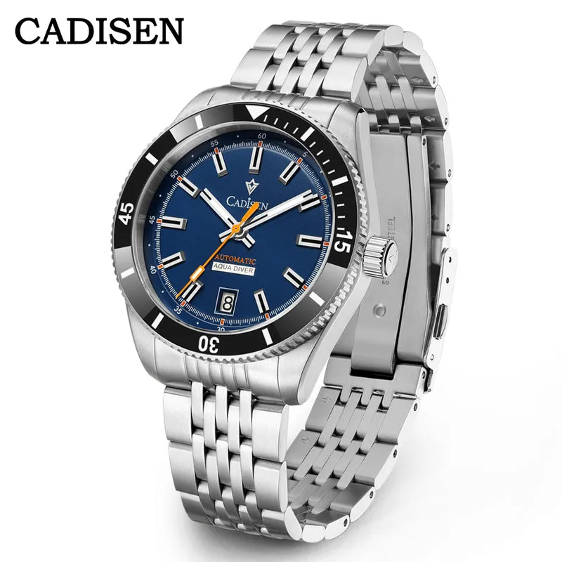 Cadisen C8237 "Aqua Diver" with blue sunburst dial, baton markers, black 60-minute bezel and date at 6 on a multi-link steel bracelet