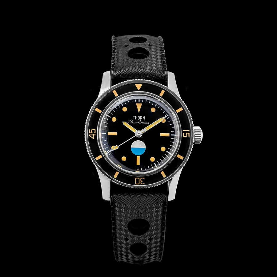 Thorn T007 Fifty Fathoms MIL-SPEC-style diver with black dial, humidity indicator at 6 and black sapphire bezel on a black rubber strap