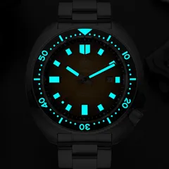 Addiesdive AD2511 lume shot, hands, indices and bezel scale glowing blue