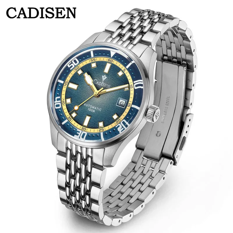Cadisen C8244 automatic with blue-green dial, yellow minute track, 60-minute bezel scale and date at 3 on a beads-of-rice bracelet