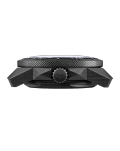 Faceted carbon-fibre case seen from the side, with crown guards