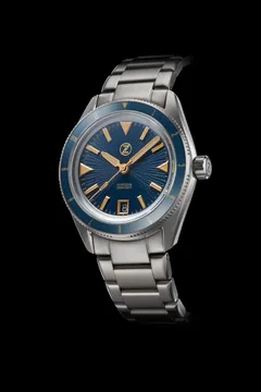 Zelos Horizons 200m 12hr Cobalt Blue, blue dial with gilt hands and blue 12-hour sapphire bezel