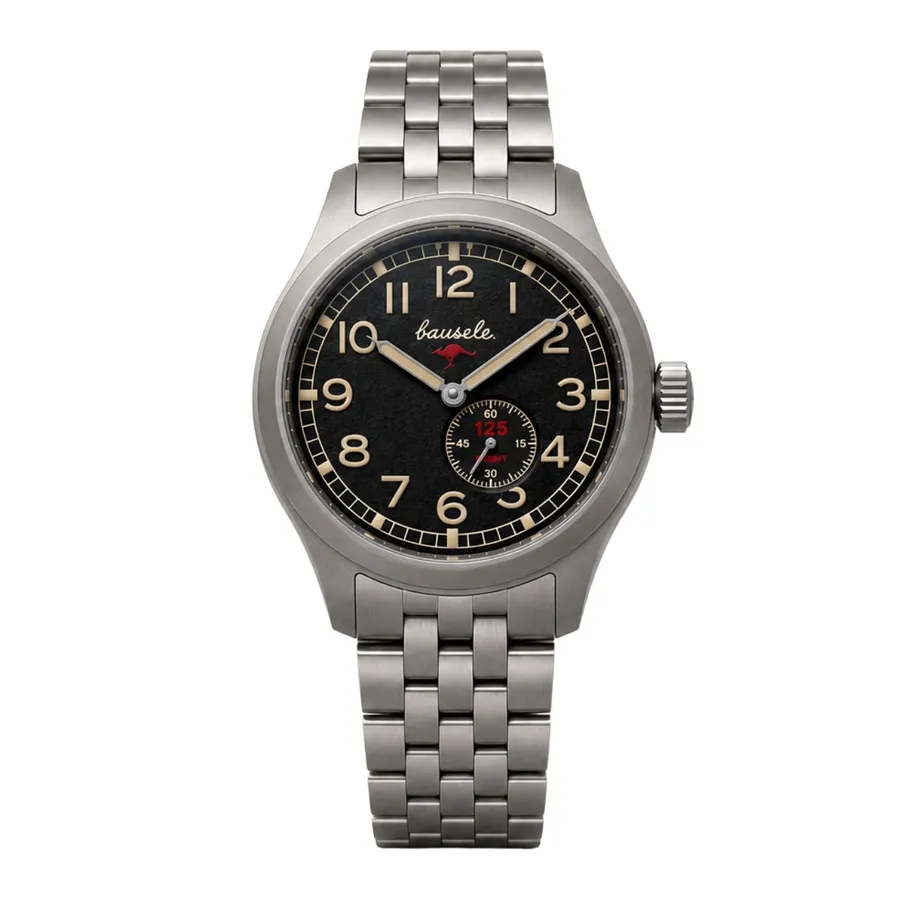 Bausele 125 Field, black dial with cream numerals and small seconds, on the steel bracelet