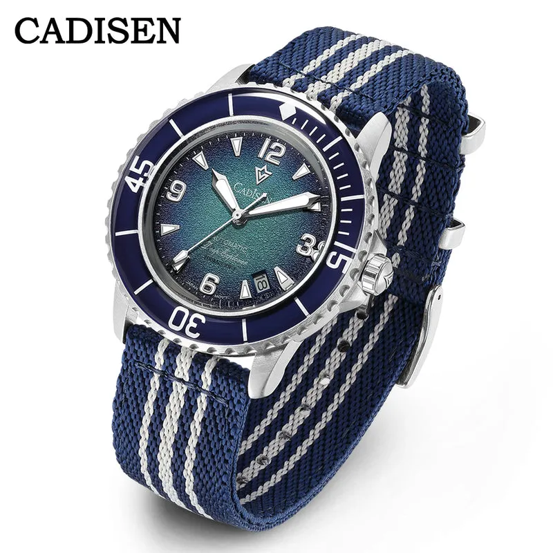 Cadisen C8239 Fifty Fathoms-style automatic with blue gradient dial, Arabic 12-3-6-9, domed blue 60-minute bezel and navy striped nylon strap