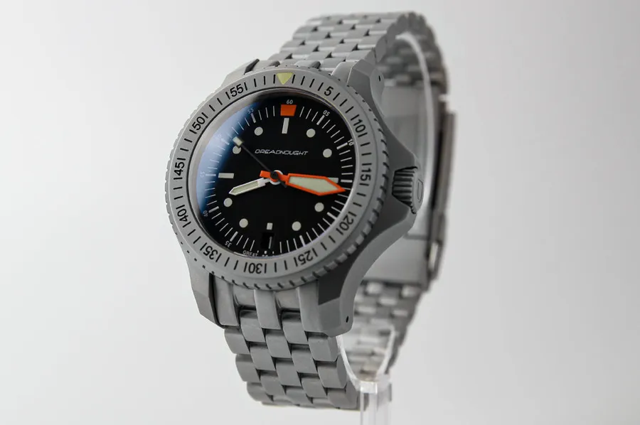Timefactors Baby Dreadnought PRS-52, black dial with orange minute hand, engraved steel bezel, on bracelet