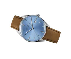 ELKA D08-0804, sunbrushed baby blue dial with nickel applied indexes and date at 3, on cognac suede strap