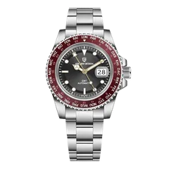 Pagani Design PD-1758 GMT with black dial and burgundy 24-hour city bezel on steel Oyster-style bracelet