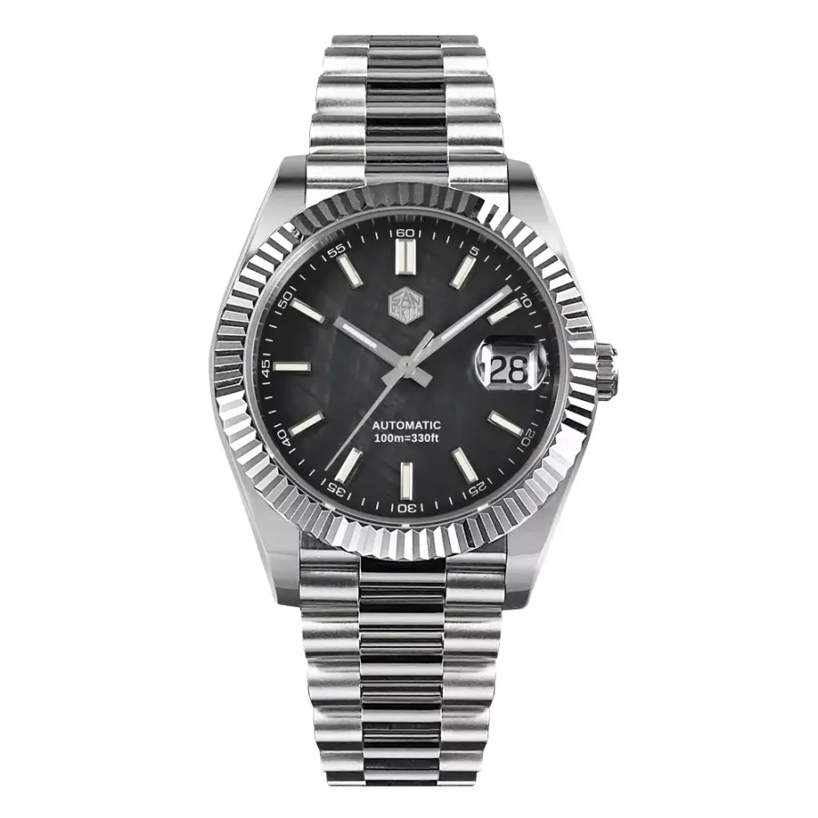 San Martin SN059-G V2 40mm with black mother-of-pearl dial, fluted bezel and cyclops date on president-style bracelet