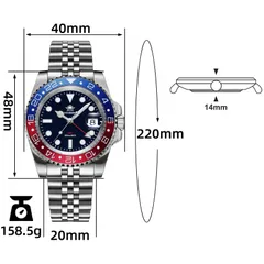 Addiesdive AD2050 dimension graphic, blue-and-red version (40mm, 48mm lug-to-lug, 14mm, 20mm, 220mm, 158.5g)