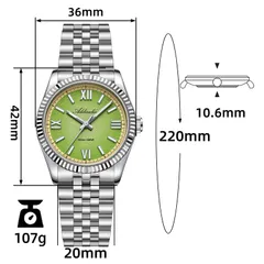 Addiesdive AD2535 dimension graphic (36mm, 42mm lug-to-lug, 10.6mm, 20mm, 220mm, 107g)
