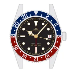 MKII Key West GMT drawing, black and gold dial with blue and red bezel