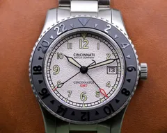 Cincinnati Watch Company Cincinnatus GMT, white grained dial with date at 3, black ceramic 24-hour bezel, on steel bracelet