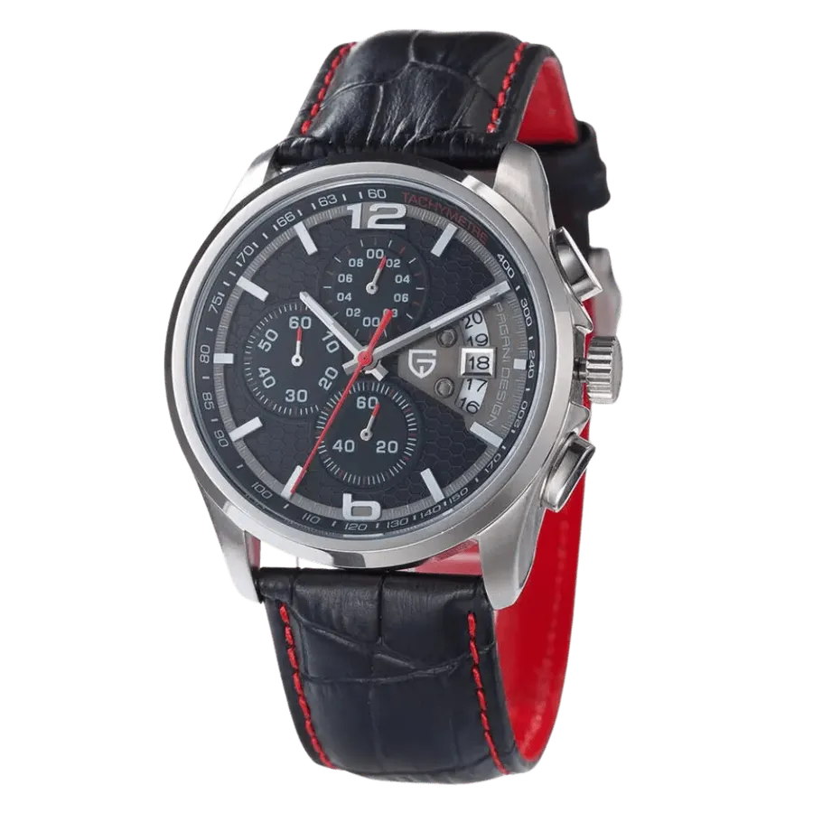 Pagani Design PD-3306 quartz chronograph with black honeycomb dial, subdials at 12, 9 and 6, open date display at 3 and tachymetre flange, on black leather strap
