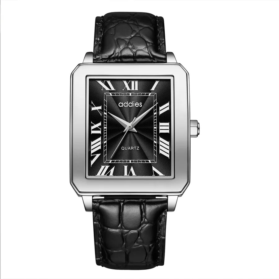 Addies RM05 rectangular quartz watch with black dial and Roman numerals on a black leather strap