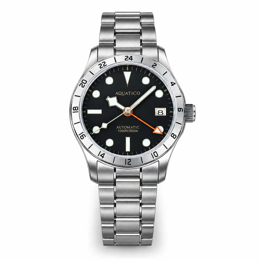 Aquatico Seafarer Automatic GMT with black dial, round indices, steel 24-hour bezel and orange GMT hand, on steel bracelet
