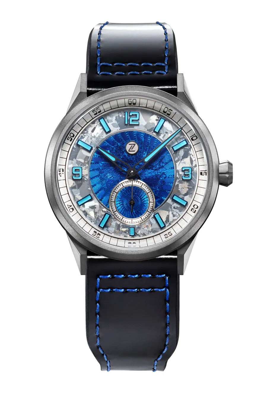 Zelos Comet 39 Tantalum, crystallised titanium dial with blue guilloché centre and small seconds, on black leather strap with blue stitching