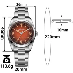 Addiesdive AD2554 dimension graphic (36mm, 46mm lug-to-lug, 10mm, 20mm, 220mm, 113.6g)