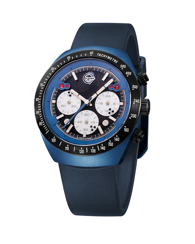 Undone Tachikoma Blue chronograph with blue case, black dial and three white subdials on a blue strap
