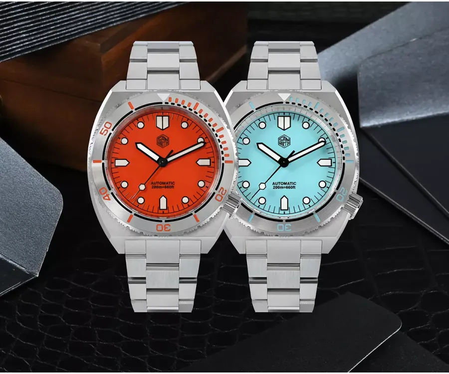 San Martin SN067-G with orange and light blue dials on steel bracelets