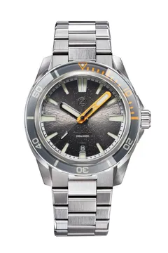 Zelos Swordfish 42mm, grey sunburst dial with orange accents and sapphire bezel