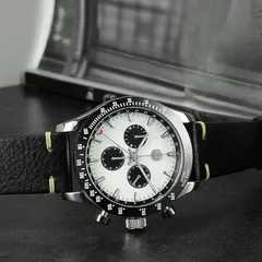 San Martin SN018 chronograph with white dial and black subdials on black leather strap