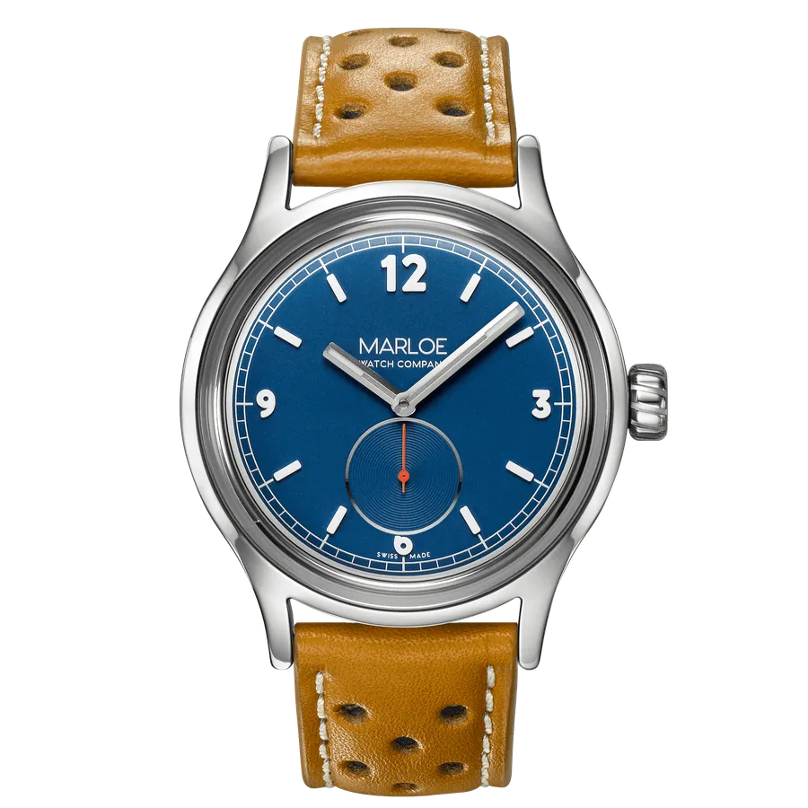 Marloe Pacific 76, blue pillow dial with small seconds, steel case, on honey leather strap