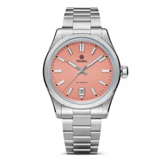 Traska Commuter 38 Date, coral lacquered dial, front view