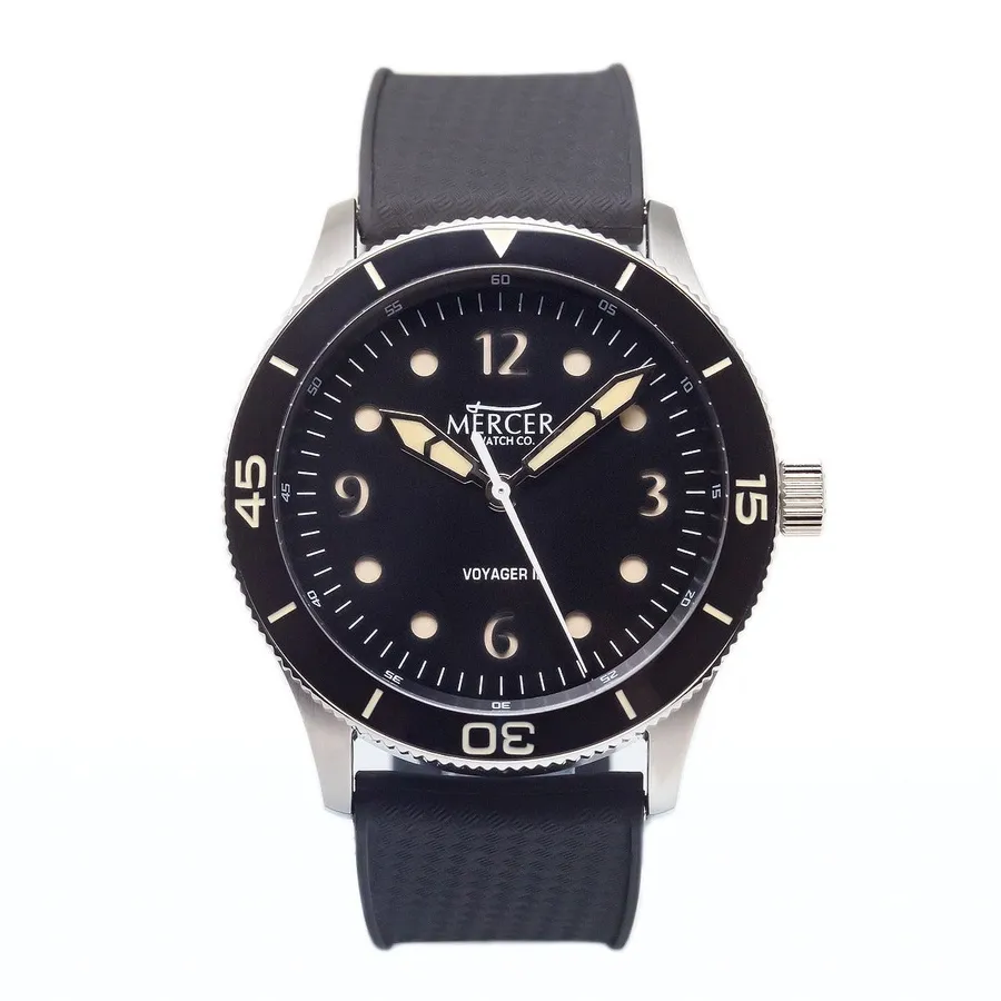 Mercer Voyager II Ebony, black sandwich dial and black ceramic dive bezel on a black rubber strap